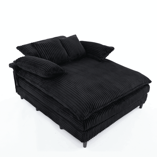 GIKPAL 54.75" Wide Oversized Chaise Lounge Chair with Fluffy Cushions, Deep Seat & Adjustable 4-Position Recline, Corduroy Sofa Bed with 2 Pillows, Leisure Sleeper Sofa Chair for Living Room, Black