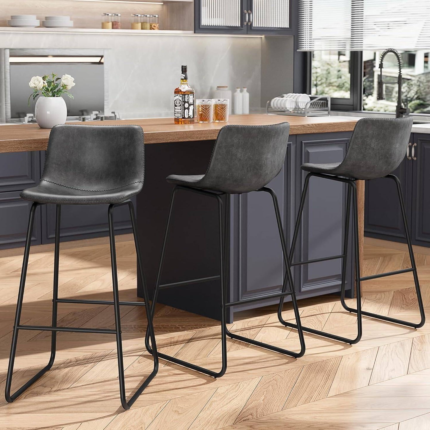 GIKPAL Bar Stools 30" Faux Leather Counter Height Barstools with Back Set of 3, Modern Counter Stools with Metal Legs and Footrest, Armless Chairs with Back for Kitchen Living Room Pub,Gray