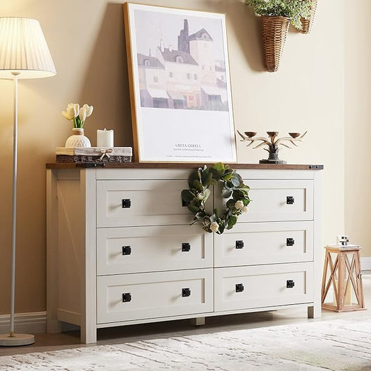 AOWOS 6 Drawers Dresser for Bedroom, Wood Bedroom Dresser Farmhouse Drawer Chest, Tall Dresser for Closet, Dressers Organizer for Living Room, Closet, Hallway, Antique White
