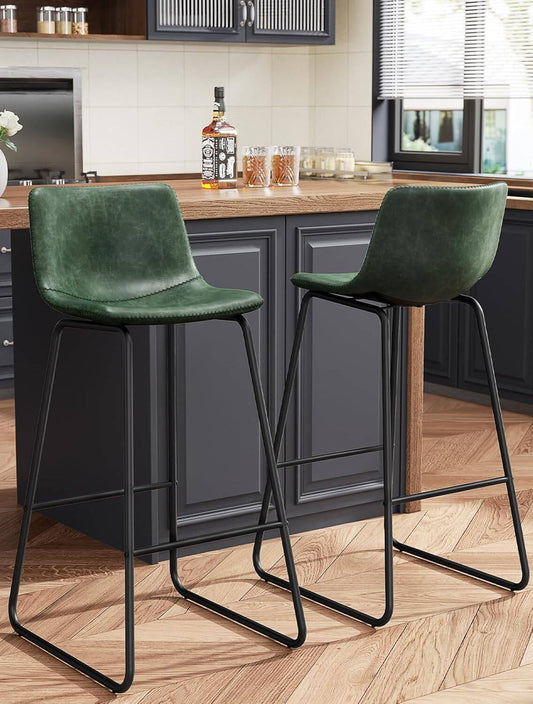 GIKPAL Bar Stools 30" Faux Leather Counter Height Barstools with Back Set of 2, Modern Counter Stools with Metal Legs and Footrest, Armless Chairs with Back for Kitchen Living Room Pub, Green