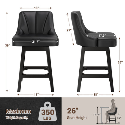 YaFiti Swivel Bar Stools with Backs, 26" Counter Height Bar Stools Set of 2, Modern Leather Extra Upholstered Counter Barstools with Square Solid Wood Legs for Kitchen Island, Dining Room, Black