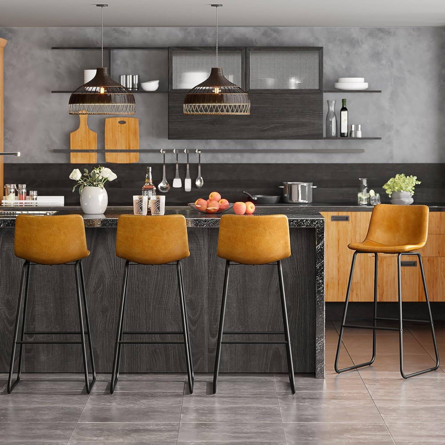 GIKPAL Bar Stools 30" Faux Leather Counter Height Barstools with Back Set of 4, Modern Counter Stools with Metal Legs and Footrest, Armless Chairs with Back for Kitchen Living Room Pub, Whiskey Brown
