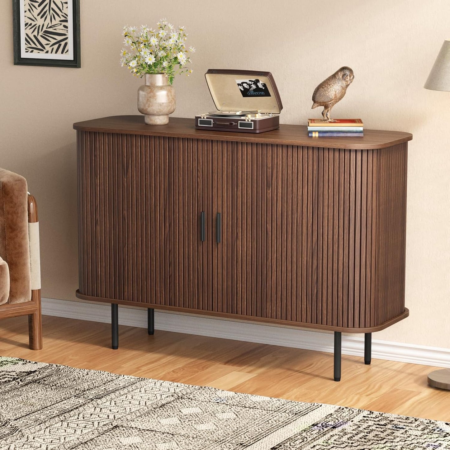 GIKPAL Buffet Cabinet with Storage, Walnut Storage Cabinet, Console Table Credenza with Tambour Slatted Sliding Doors, TV Stand for Living Room, Kitchen