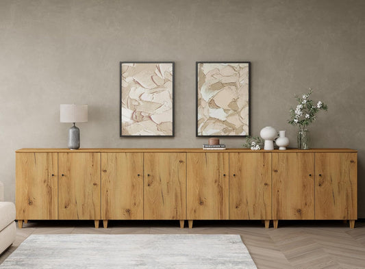 GIKPAL Sideboard Buffet Cabinet, Sideboard Cabinet Set of 4 with Adjustable Shelf and Drawer, Modern Fluted Decor Kitchen Storage Cabinet with Doors, Natural