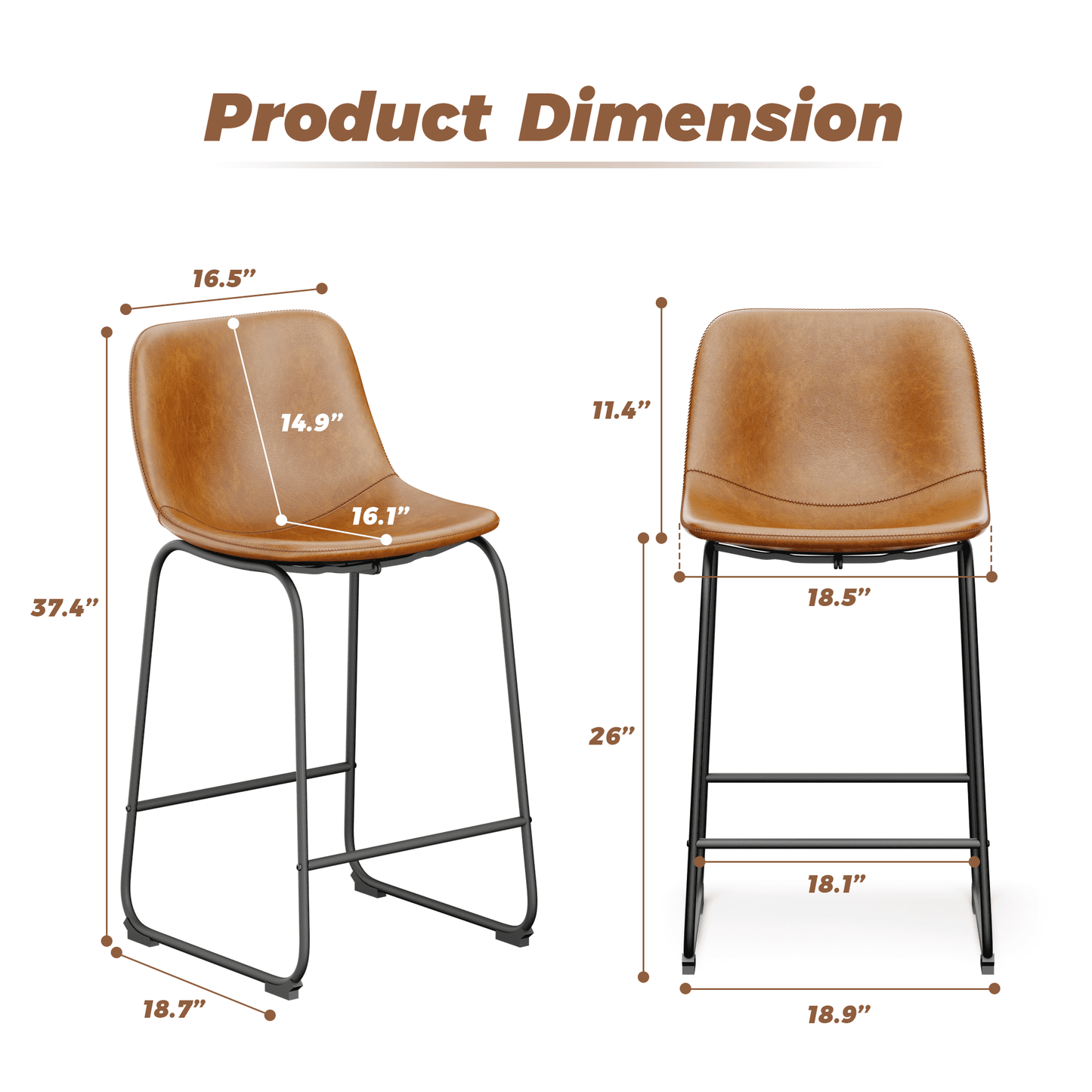 YaFiti 26'' PU Leather Upholstered Bar Stool Set of 2,Modern Bar Chairs for Kitchen Living Room Pub, Brown