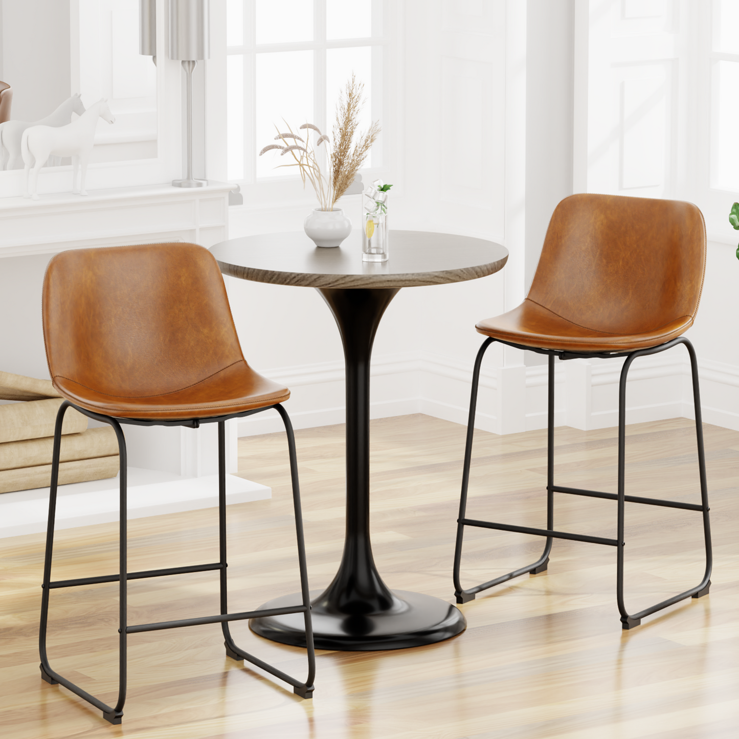 YaFiti 26'' PU Leather Upholstered Bar Stool Set of 2,Modern Bar Chairs for Kitchen Living Room Pub, Brown
