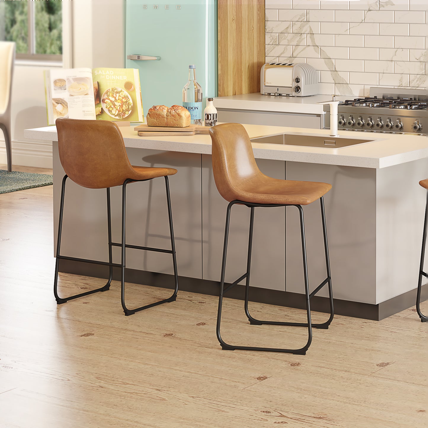 YaFiti 26'' PU Leather Upholstered Bar Stool Set of 2,Modern Bar Chairs for Kitchen Living Room Pub, Light Brown