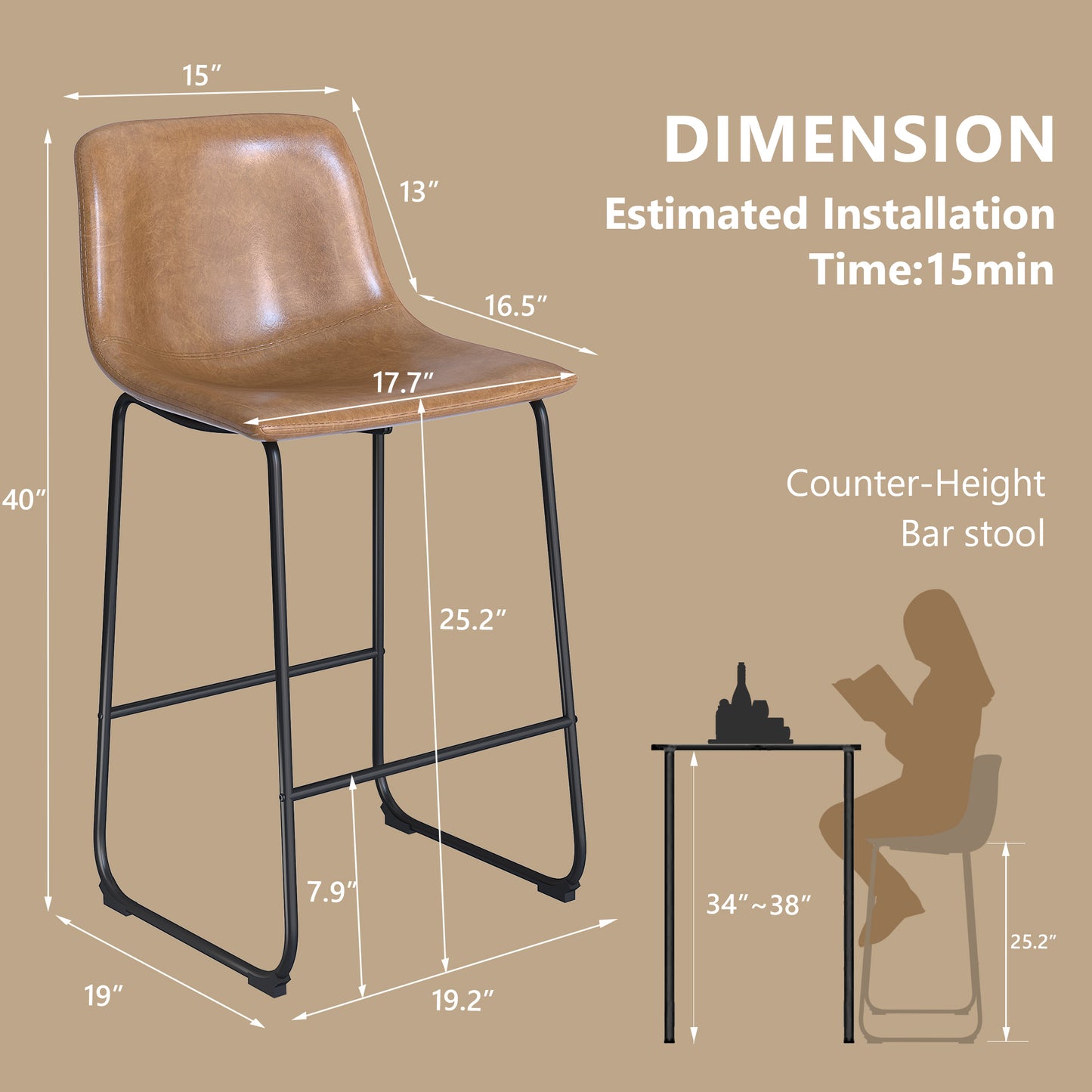 YaFiti 26'' PU Leather Upholstered Bar Stool Set of 2,Modern Bar Chairs for Kitchen Living Room Pub, Light Brown