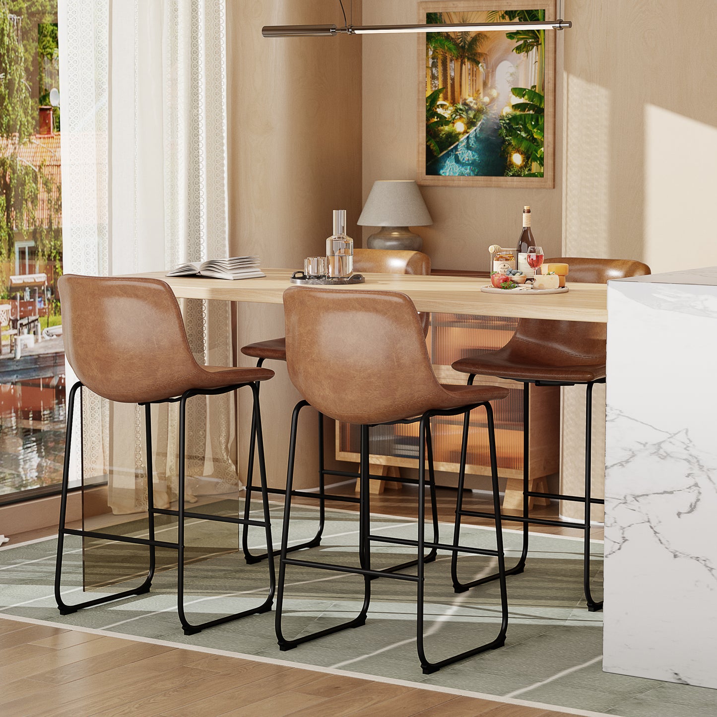 YaFiti 26'' PU Leather Upholstered Bar Stool Set of 2,Modern Bar Chairs for Kitchen Living Room Pub, Light Brown