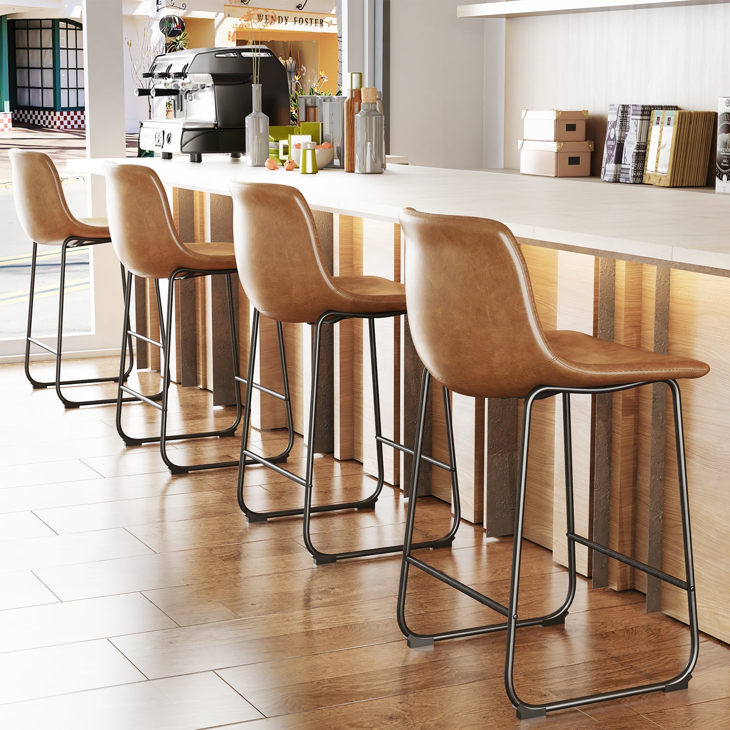 YaFiti 26'' PU Leather Upholstered Bar Stool Set of 2,Modern Bar Chairs for Kitchen Living Room Pub, Light Brown