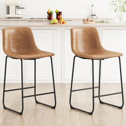 YaFiti 26'' PU Leather Upholstered Bar Stool Set of 2,Modern Bar Chairs for Kitchen Living Room Pub, Light Brown