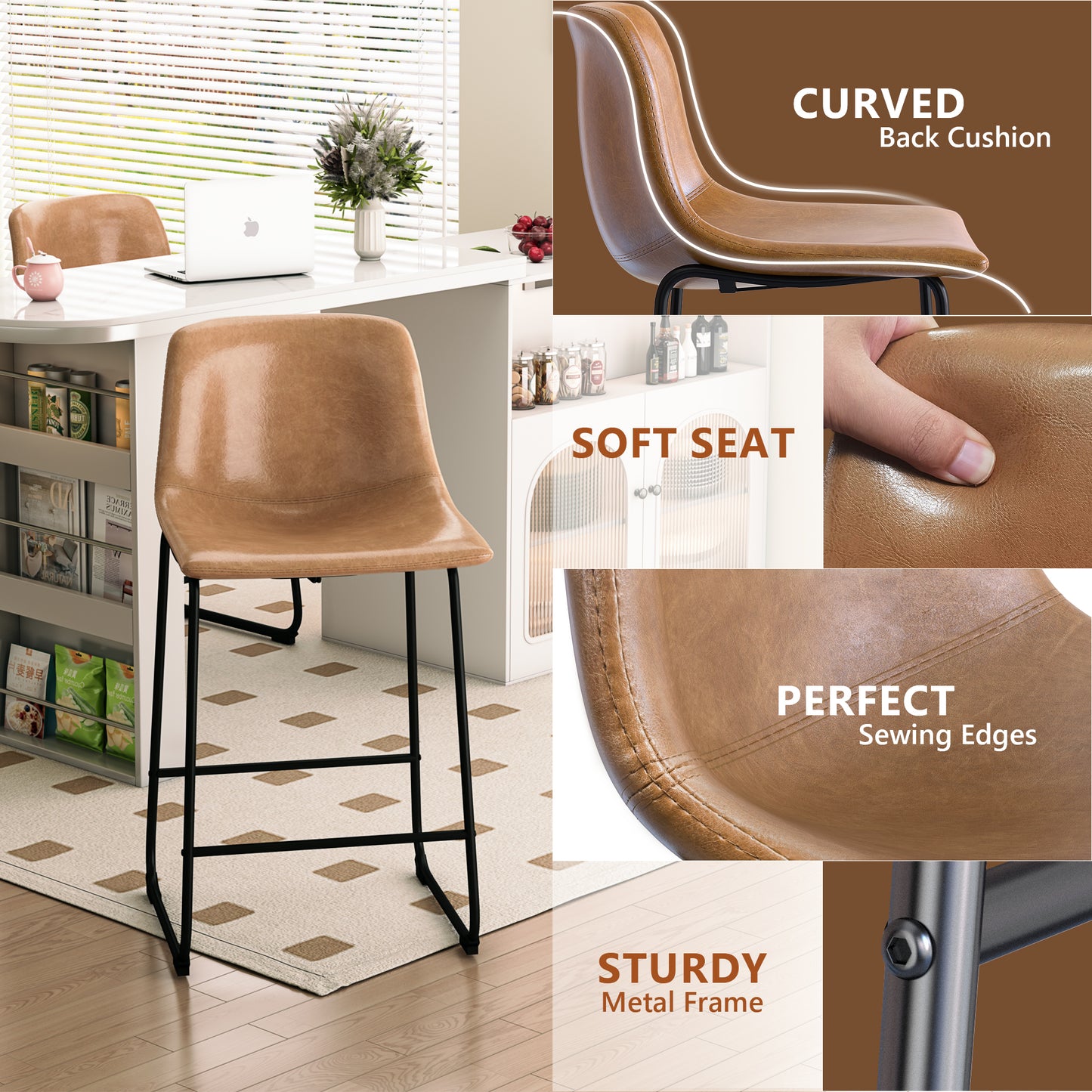 YaFiti 26'' PU Leather Upholstered Bar Stool Set of 2,Modern Bar Chairs for Kitchen Living Room Pub, Light Brown