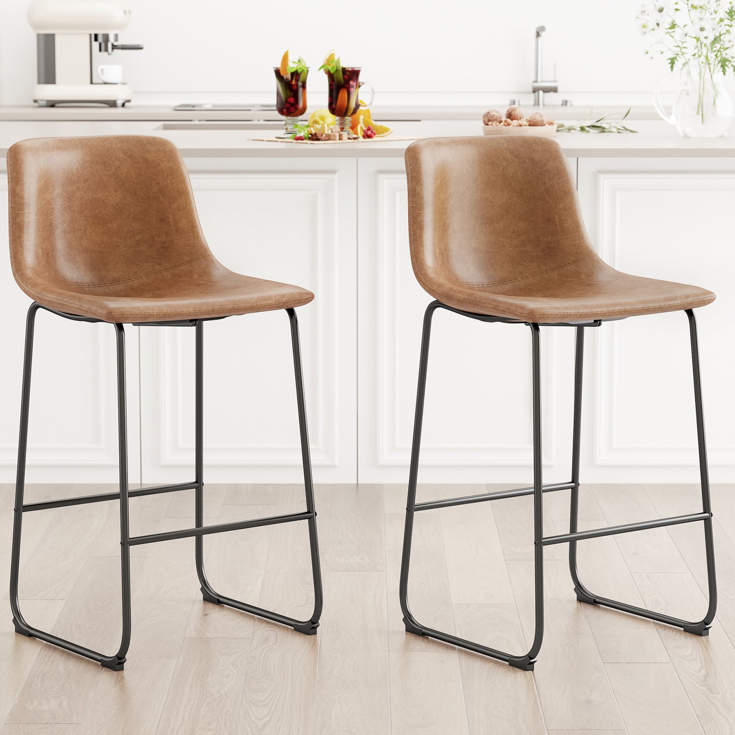 YaFiti 26'' PU Leather Upholstered Bar Stool Set of 2,Modern Bar Chairs for Kitchen Living Room Pub, Light Brown
