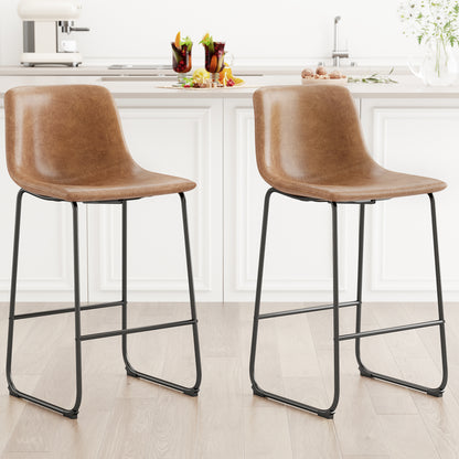 YaFiti 26'' PU Leather Upholstered Bar Stool Set of 2,Modern Bar Chairs for Kitchen Living Room Pub, Light Brown