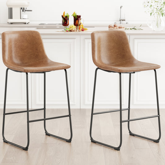 YaFiti 26'' PU Leather Upholstered Bar Stool Set of 2,Modern Bar Chairs for Kitchen Living Room Pub, Light Brown