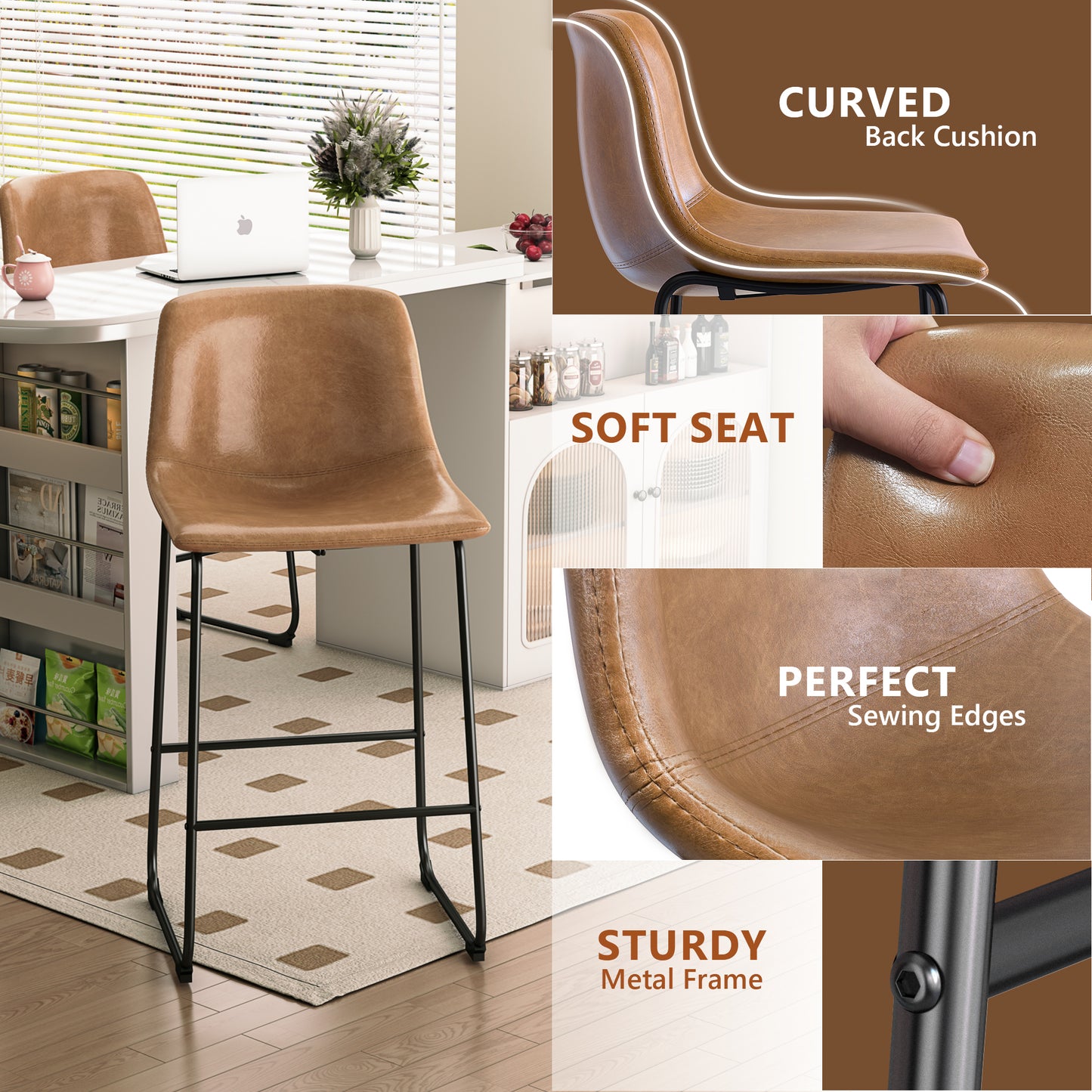 YaFiti 26'' PU Leather Upholstered Bar Stool Set of 2,Modern Bar Chairs for Kitchen Living Room Pub, Light Brown
