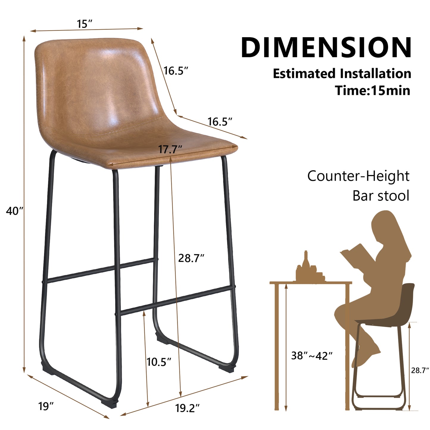 YaFiti 26'' PU Leather Upholstered Bar Stool Set of 2,Modern Bar Chairs for Kitchen Living Room Pub, Light Brown